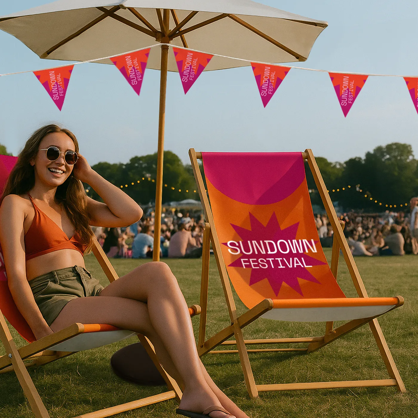 Classic Deck Chairs outdoors for a festival, with a person sat relaxing on one.