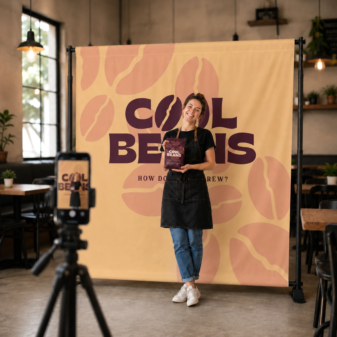 Backdrop Banner for "Cool Beans" coffee brand filming,