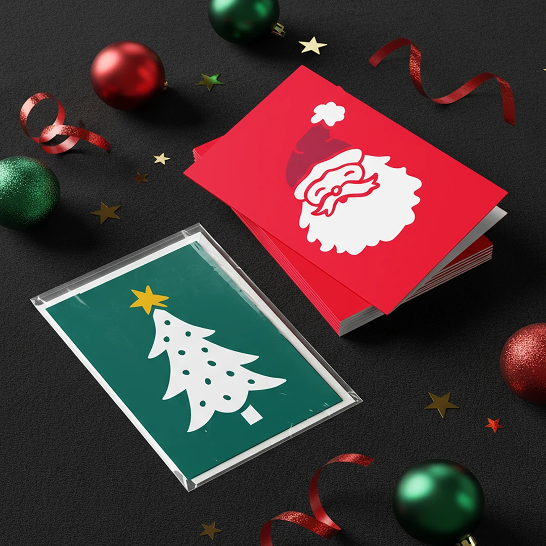 Christmas Greeting Cards featuring Santa Claus and a Christmas tree graphics surrounded by festive baubles and confetti on a black background.
