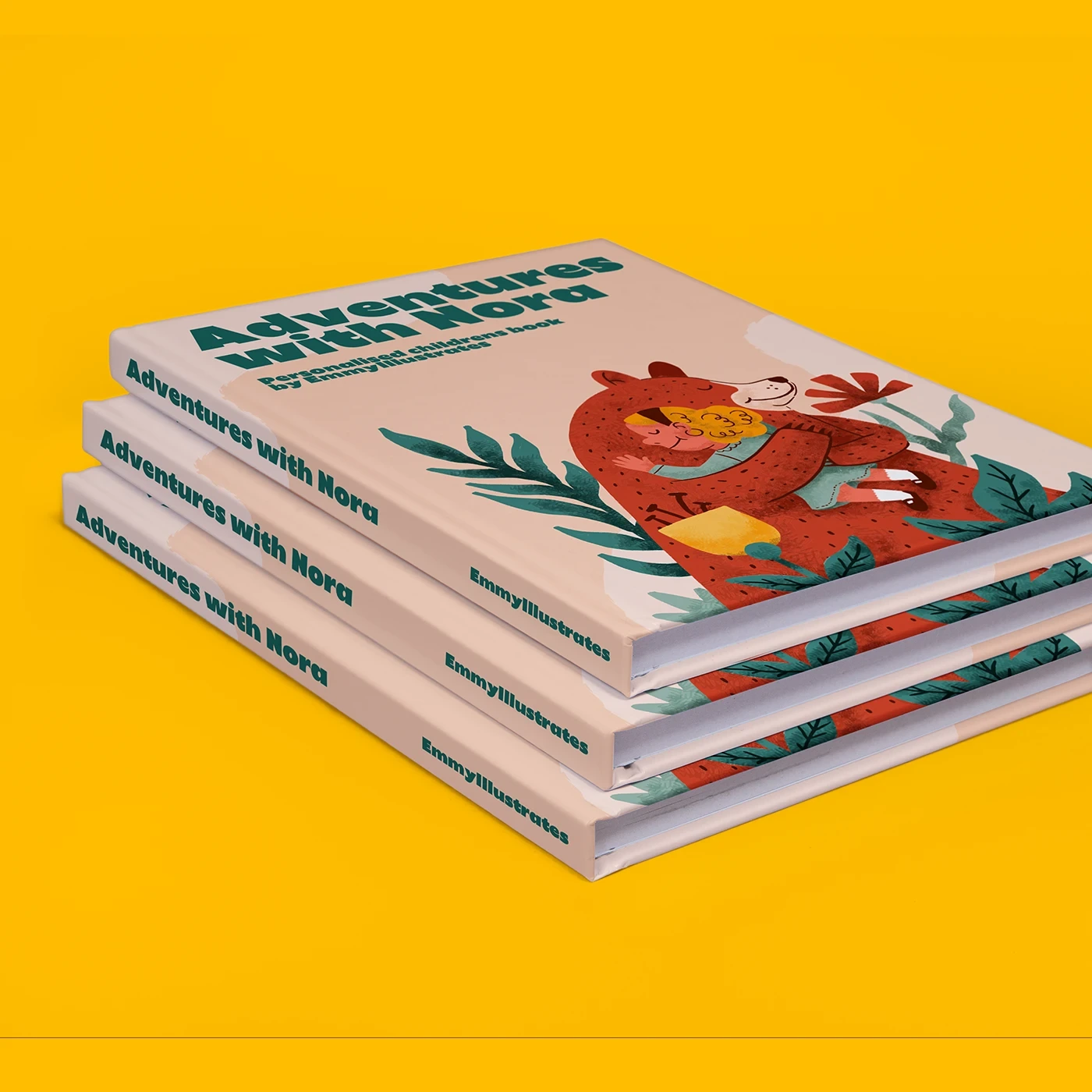 Angled view of a stack of three Hardback Books titled "Adventures with Nora," featuring an illustration of a child hugging a large bear.
