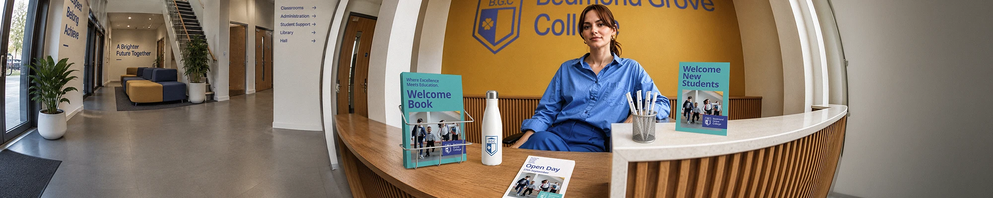 A woman in blue attire sits at a modern reception desk inside Bedmond Grove College, which displays branded welcome books, brochures, pens, and a water bottle.