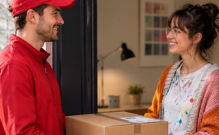 A smiling courier in a red uniform hands a parcel to a smiling woman standing at her doorway.