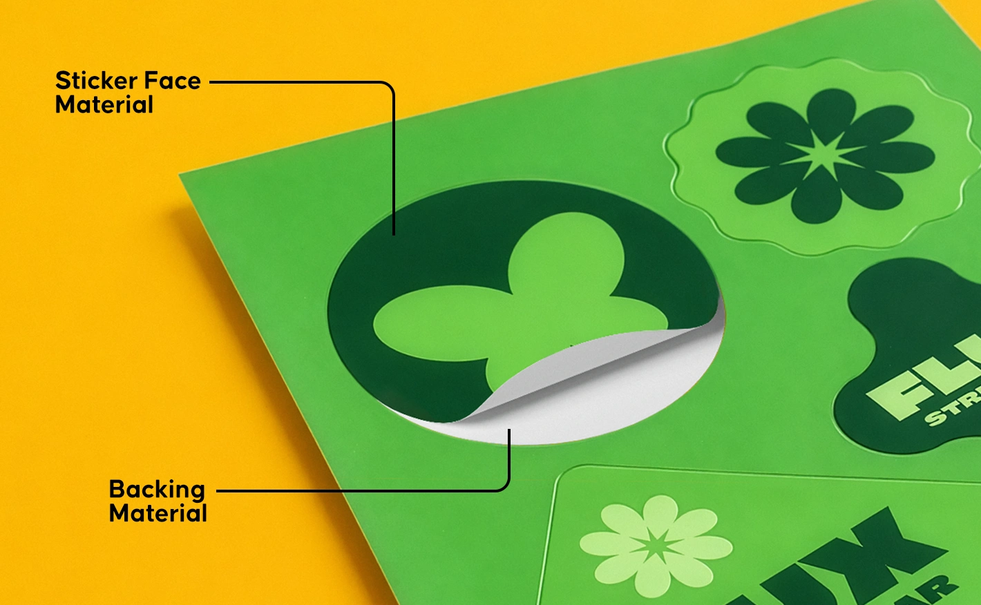 An infographic showing a kiss-cut sticker sheet on a yellow background, pointing out the "Sticker Face Material" as a circular green butterfly sticker peels away from the white "Backing Material" paper sheet.