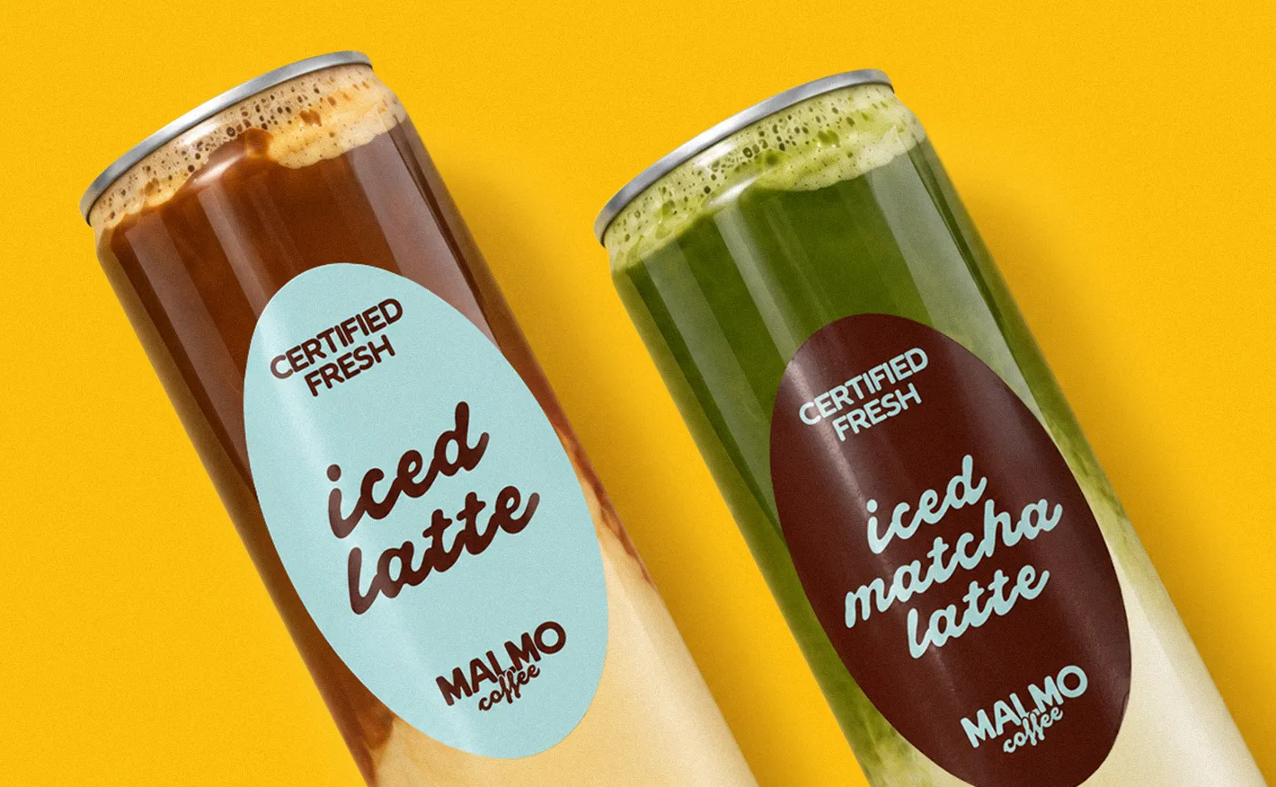 Two clear plastic cans filled with iced latte and iced matcha latte, each branded with oval "MALMO coffee CERTIFIED FRESH" labels.