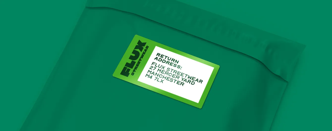 A green return address label printed with the "FLUX STREETWEAR" logo and a Manchester return address fixed to a green postal bag.