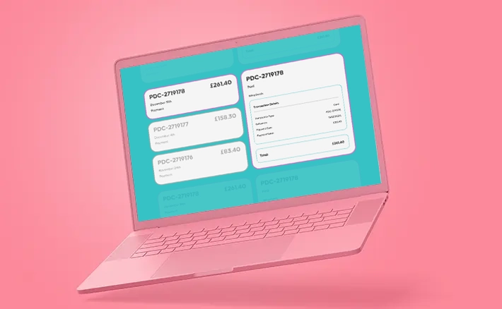 A pink laptop displaying a digital financial dashboard with payment transactions on a bright pink background.