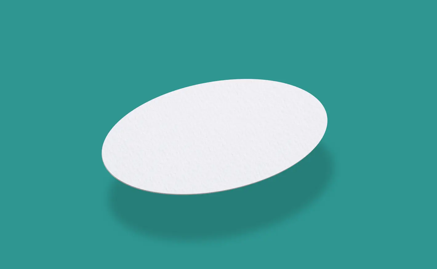 A plain white oval die-cut shape hovering over a teal background.