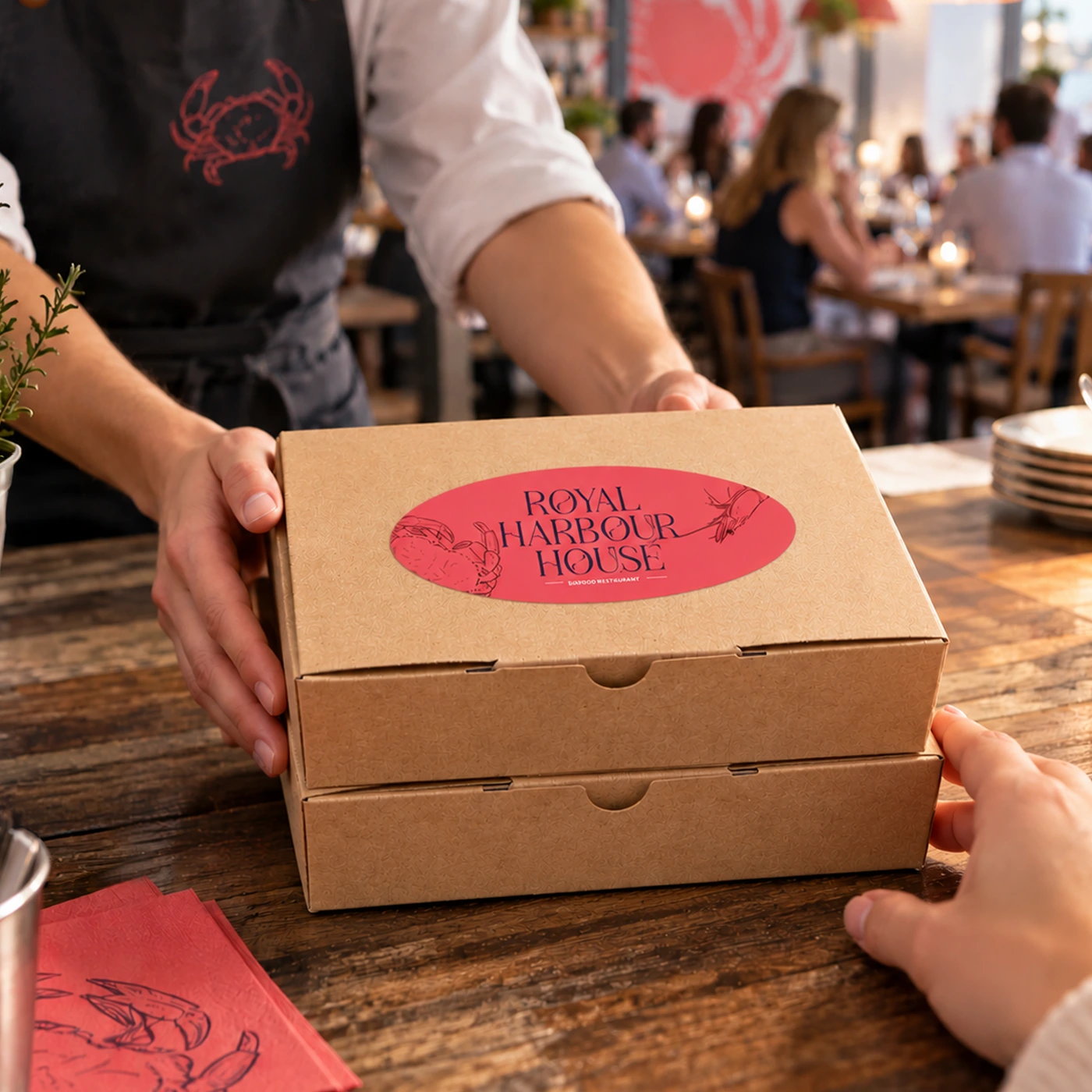 Branded seafood restaurant boxes being handed over in a busy dining setting