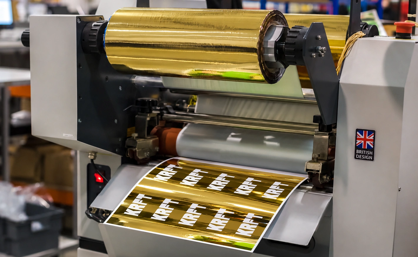 An industrial foiling machine applies shiny gold metallic foil with the word 'KRFT' printed repeatedly onto a sheet feeding through the rollers.