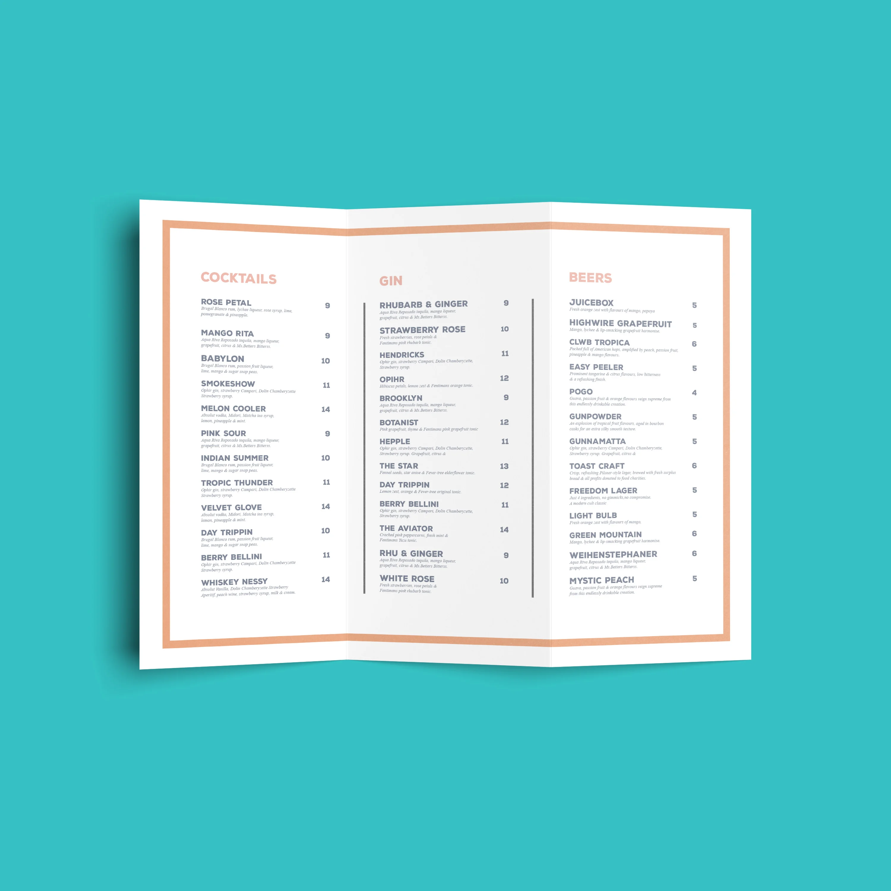 An unfolded tri-fold drinks menu Leaflet displaying cocktails, gin, and beer lists.