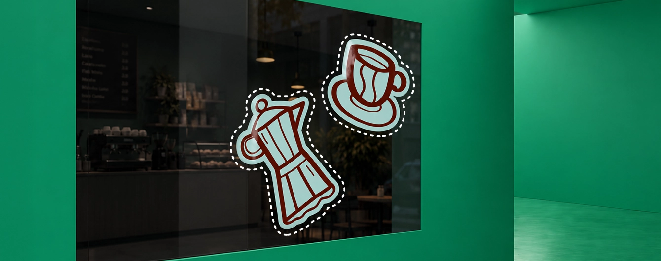 Two custom-shaped vinyl window decals featuring a moka pot and a coffee cup displayed on a café window, surrounded by white dashed cut-lines.