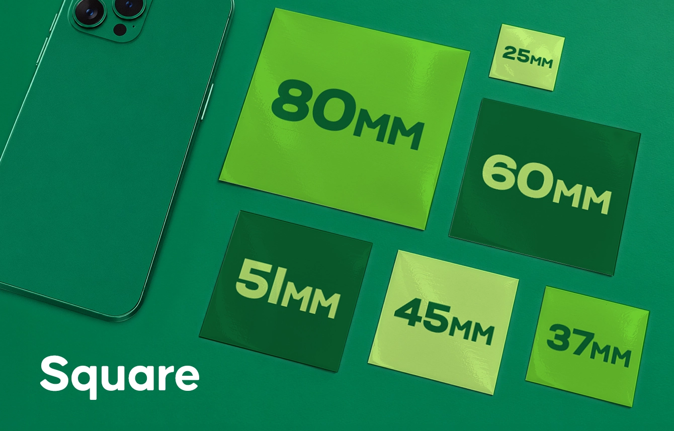 Six square stickers in shades of green ranging from 25 mm to 80 mm, set beside a green smartphone.