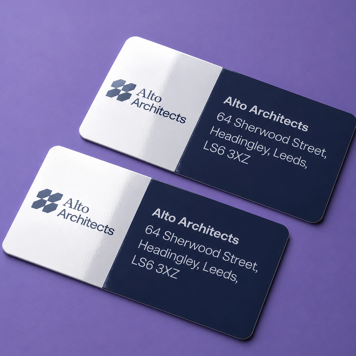 Two rectangular, split-colour Return Address Labels for "Alto Architects" displaying a white section with the logo and a dark navy section with the address.
