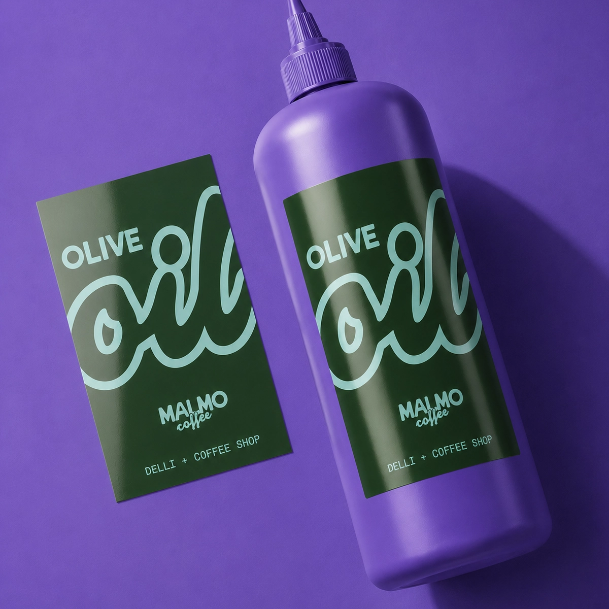 A dark green "OLIVE OIL" Bottle Label shown both off and applied to a squeeze bottle.