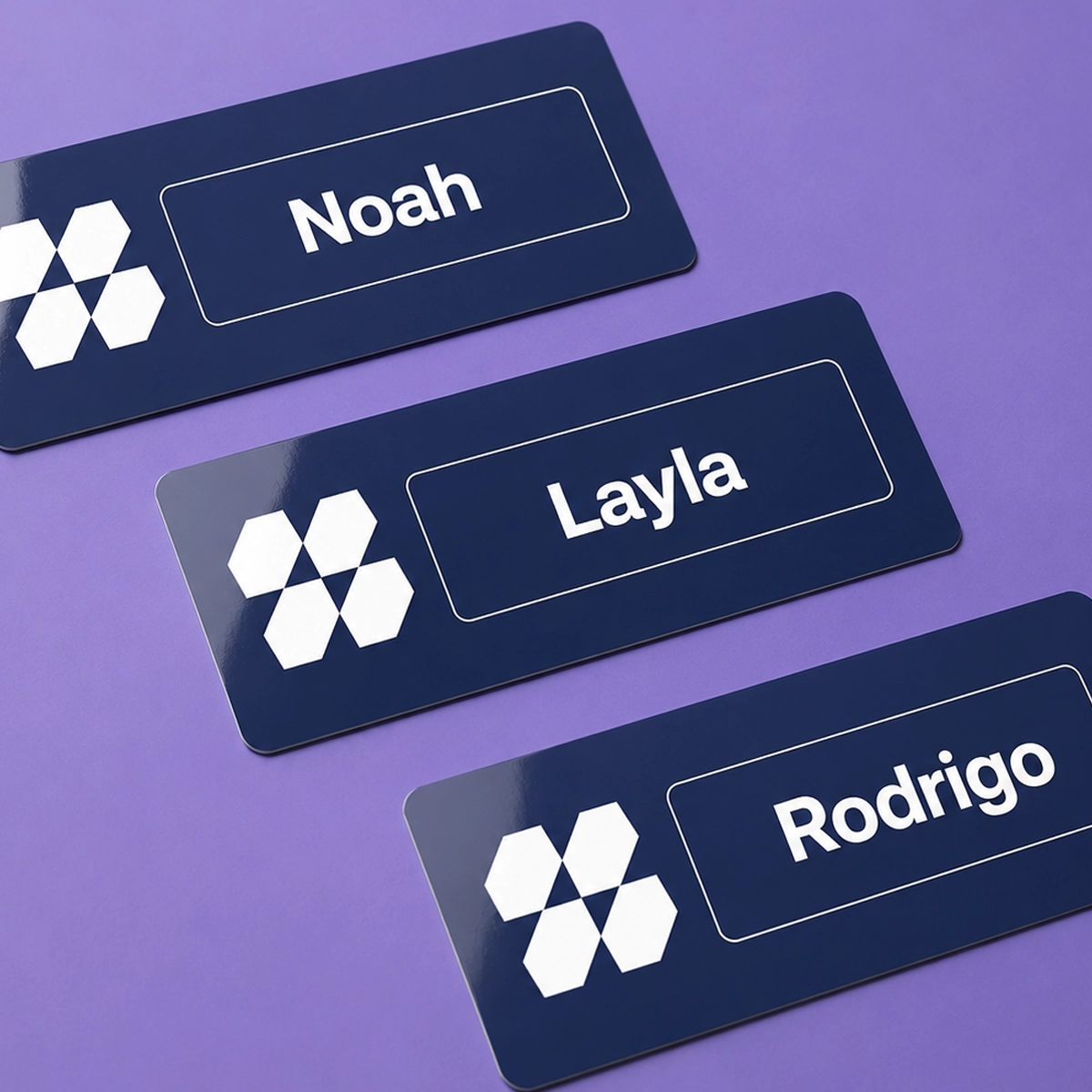 Three rectangular Name Labels featuring individual names ("Noah," "Layla," and "Rodrigo") alongside a white geometric brand logo.