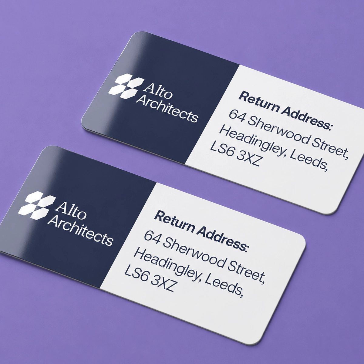 Two rectangular, split-colour Return Address Labels for "Alto Architects" displaying a white section with the logo and a dark navy section with the address.