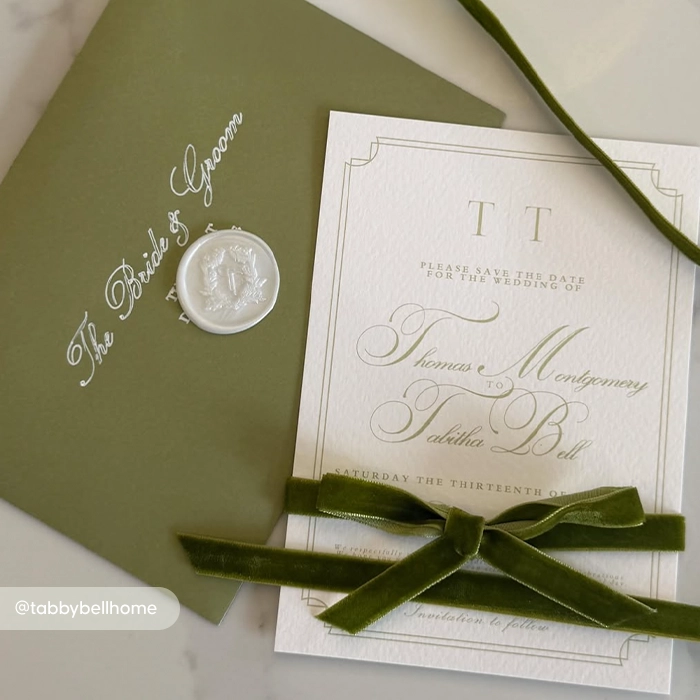 An elegant Wedding Save the Date Card tied with an olive green velvet ribbon, sitting next to a matching olive green envelope sealed with white wax.