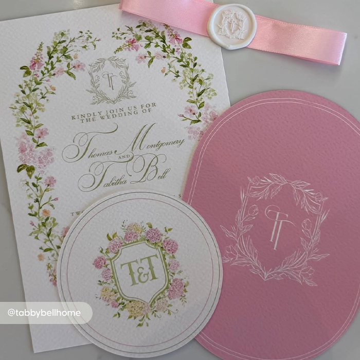A floral wedding stationery suite featuring a botanical-framed Wedding Invitation, a pink arch card, a round floral monogram card, and a pink ribbon tied with a white wax seal.