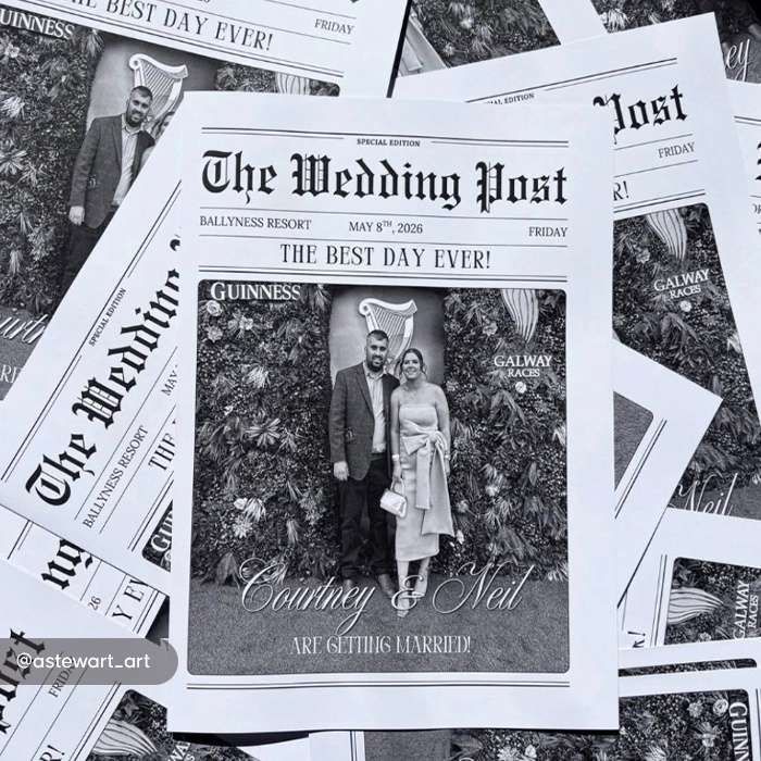 A pile of personalised Wedding Newspapers titled "The Wedding Post" featuring a front-page photo of Courtney and Neil with the headline "THE BEST DAY EVER!"