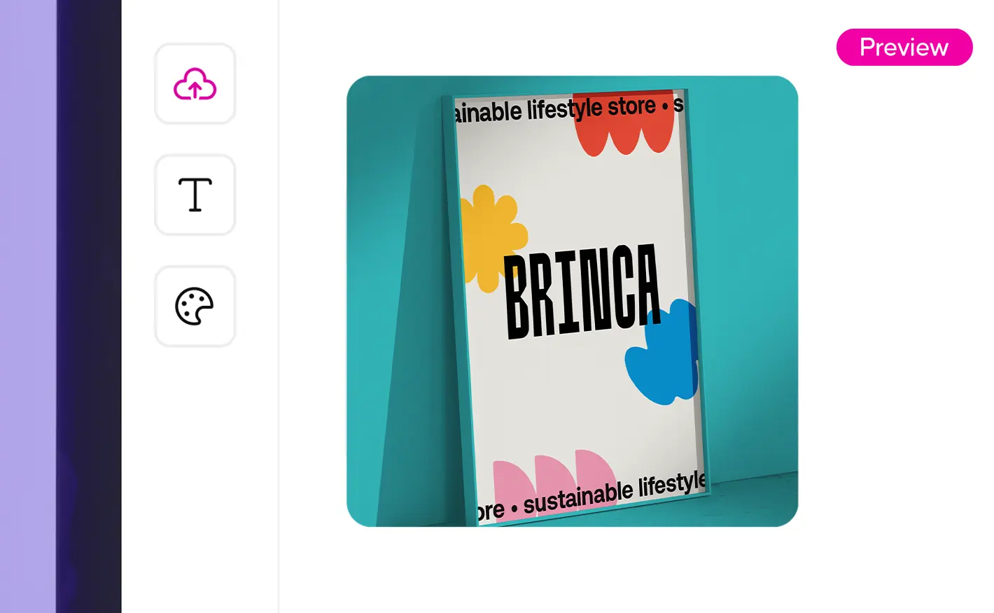 A digital design interface showing a 3D mock-up preview of a framed poster with colourful shapes and the word "BRINCA".