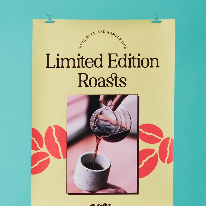 "Limited Edition Roasts" Poster hung.