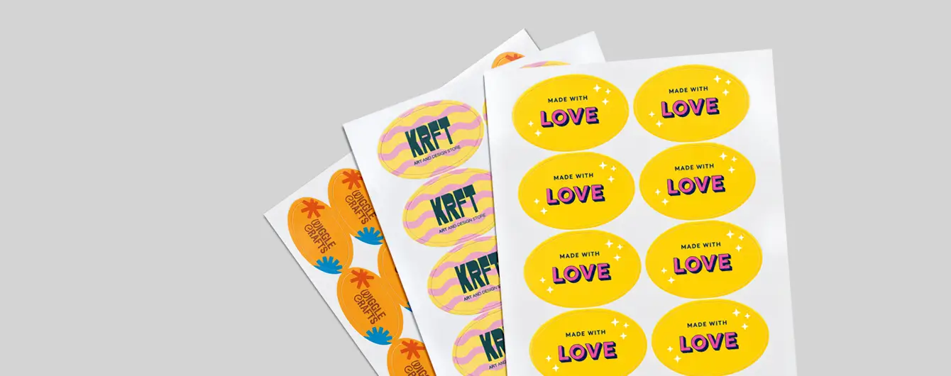 Multiple oval sticker sheets featuring a variety of custom printed designs