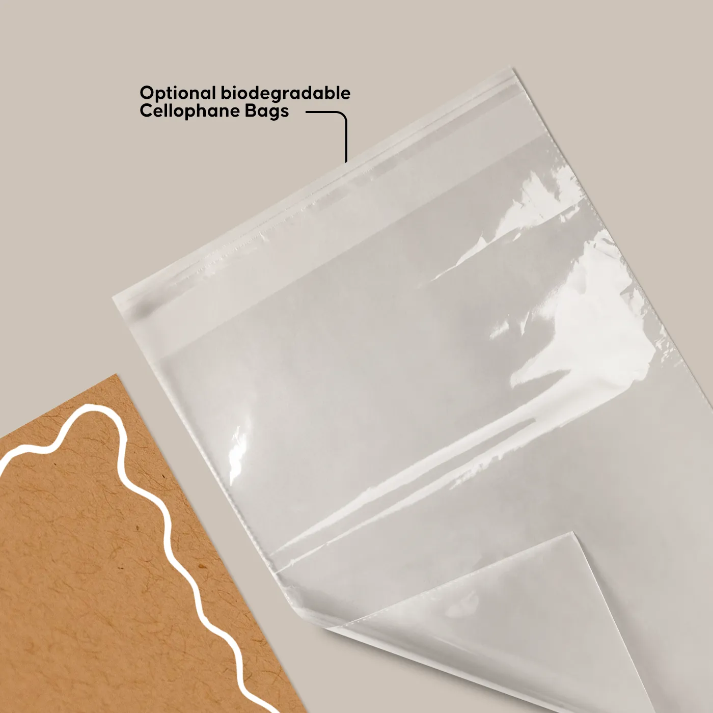 Optional biodegradable Cellophane Bags with Eco Greeting Cards.