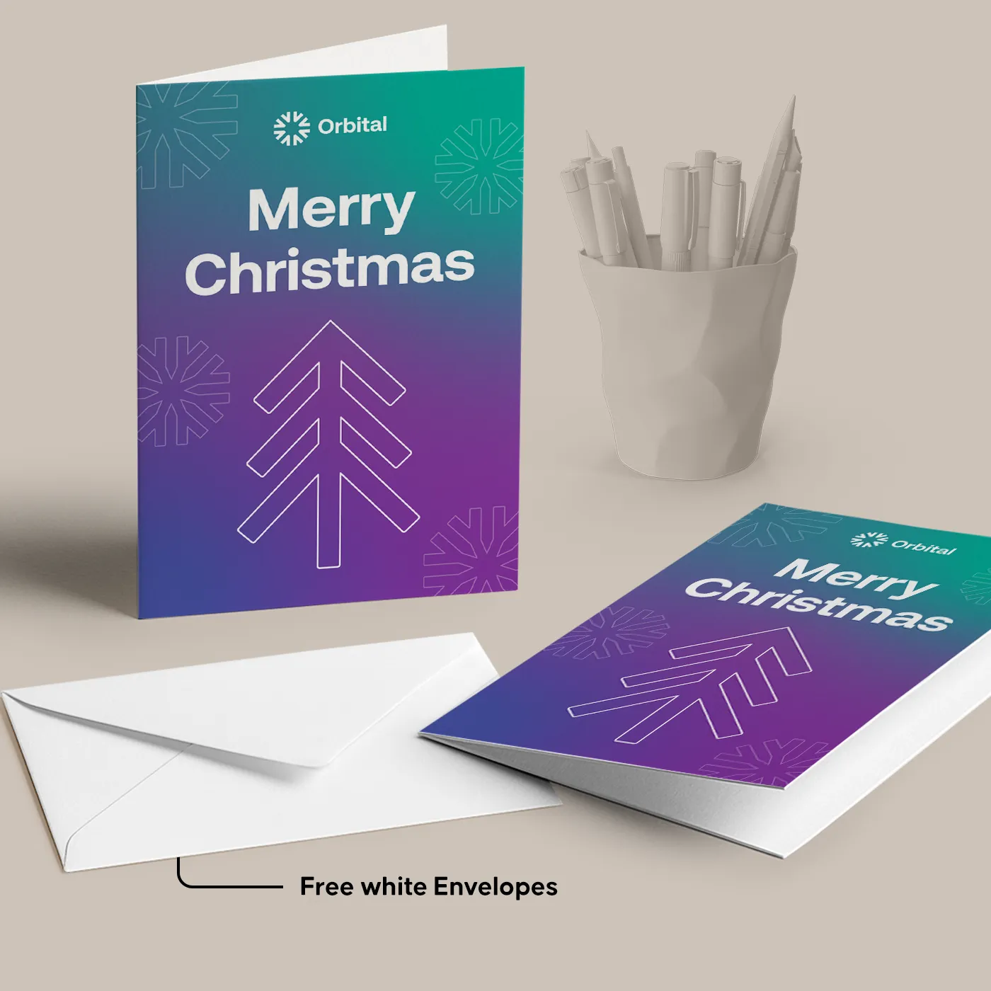 Purple gradient "Merry Christmas" Christmas Card with line art snowflakes and a geometric tree, displayed with a second card and free white Envelopes.