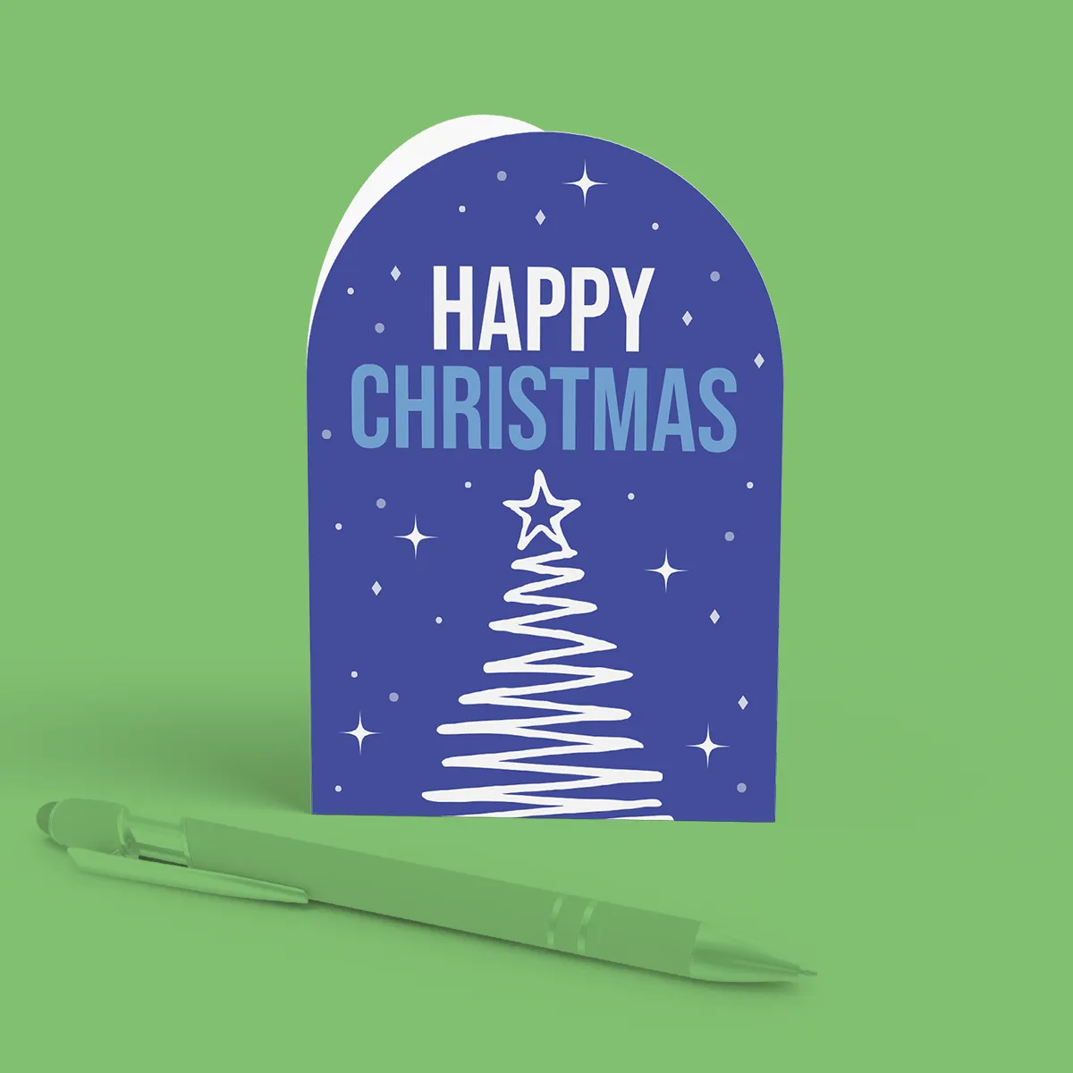 Upper arch shape blue "Happy Christmas" Mini Greeting Card featuring a white line art Christmas tree and starry night sky.