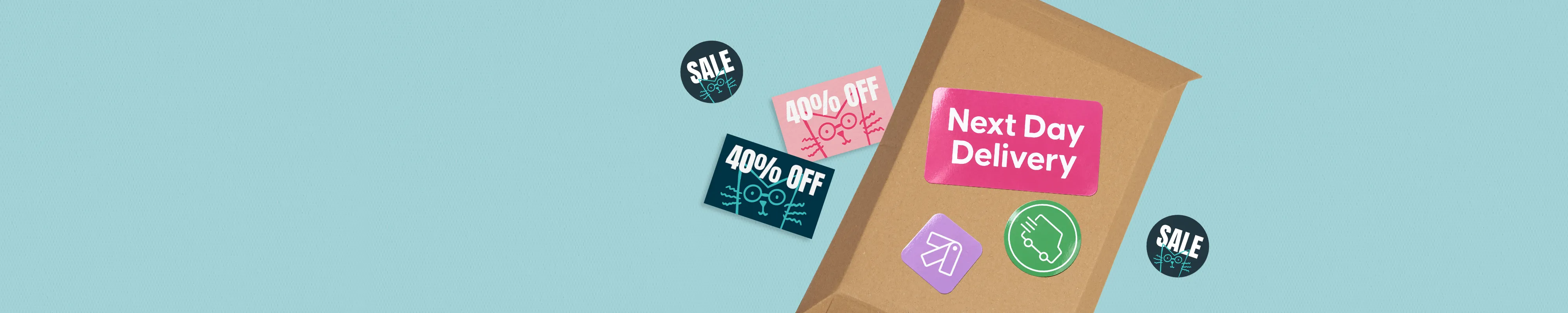 A wide banner displaying a brown cardboard packaging envelope sticking out from the center, featuring a pink sticker reading "Next Day Delivery" along with discount cards and circular sale stickers against a light blue background.