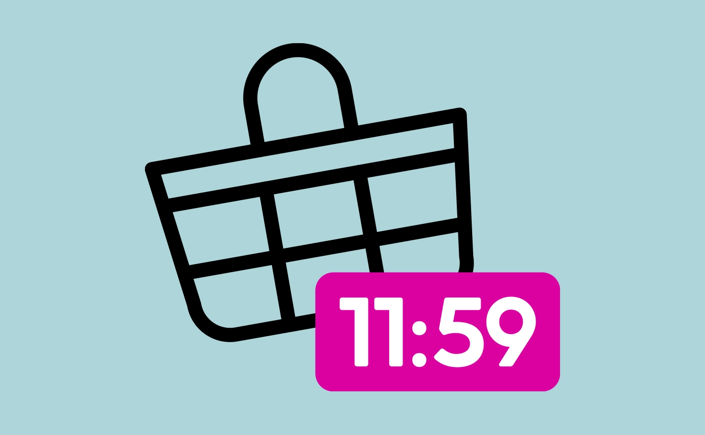 A black outline icon of a shopping basket with a bright pink badge in the bottom-right corner displaying the time "11:59" in white text on a light blue background.