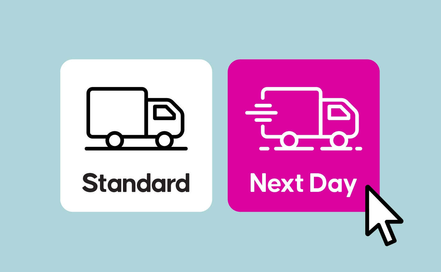 A graphic illustration showing two delivery option buttons side by side, with a mouse cursor selecting the pink "Next Day" option beside a white "Standard" option on a light blue background.