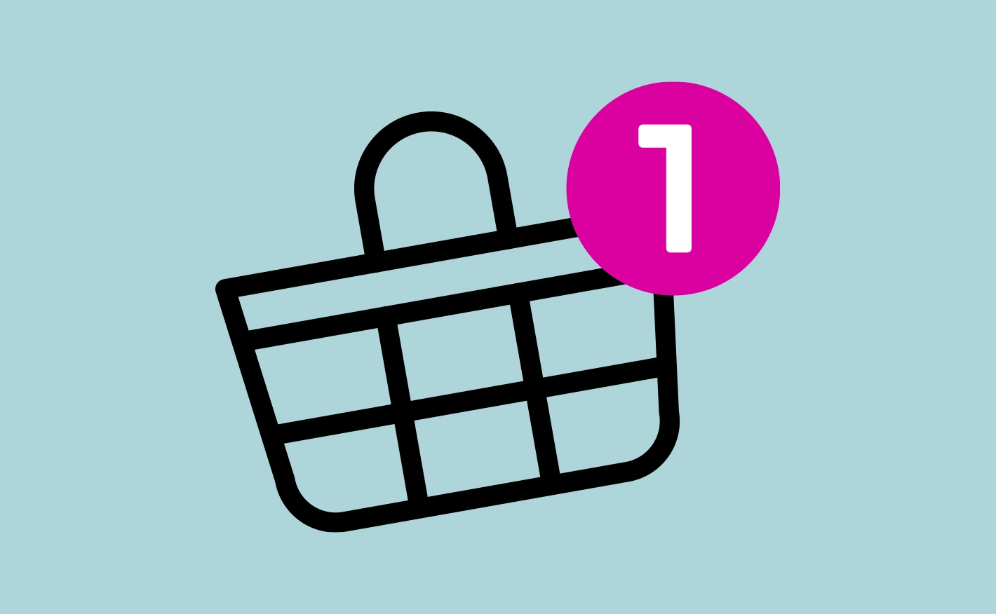 A black outline icon of a shopping basket with a bright pink circular badge in the top-right corner displaying the number "1" in white text on a light blue background