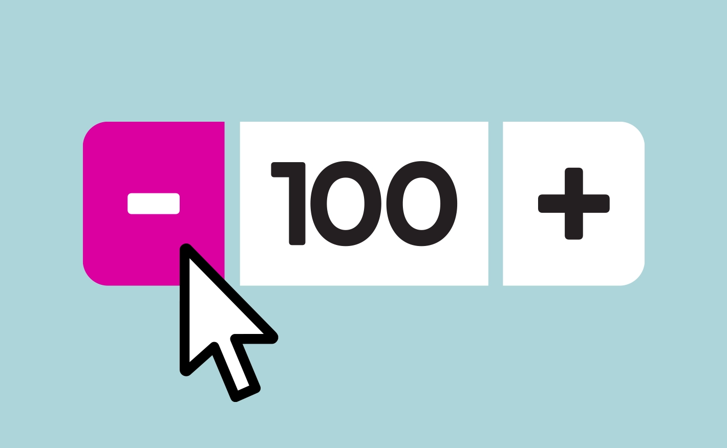 An graphic illustration of a quantity selector tool displaying the number "100" between a pink minus button on the left being clicked by a mouse cursor and a white plus button on the right, set against a light blue background.