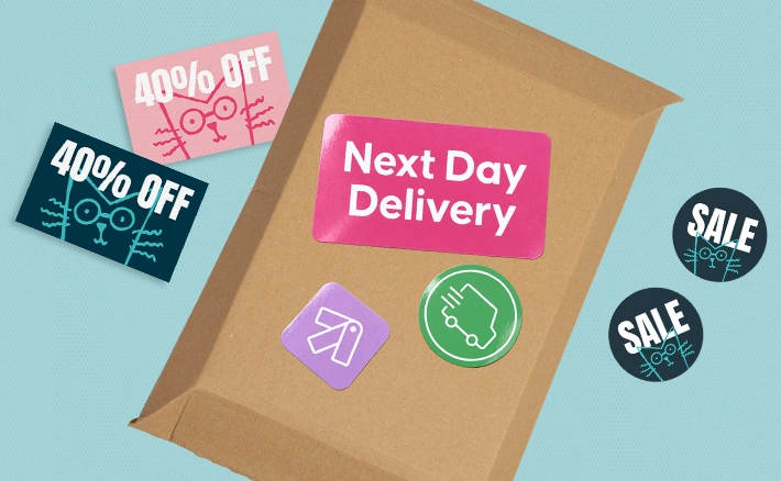 A brown cardboard postal envelope featuring a bright pink "Next Day Delivery" sticker, placed alongside "40% OFF" discount vouchers and circular "SALE" stickers on a light blue background.
