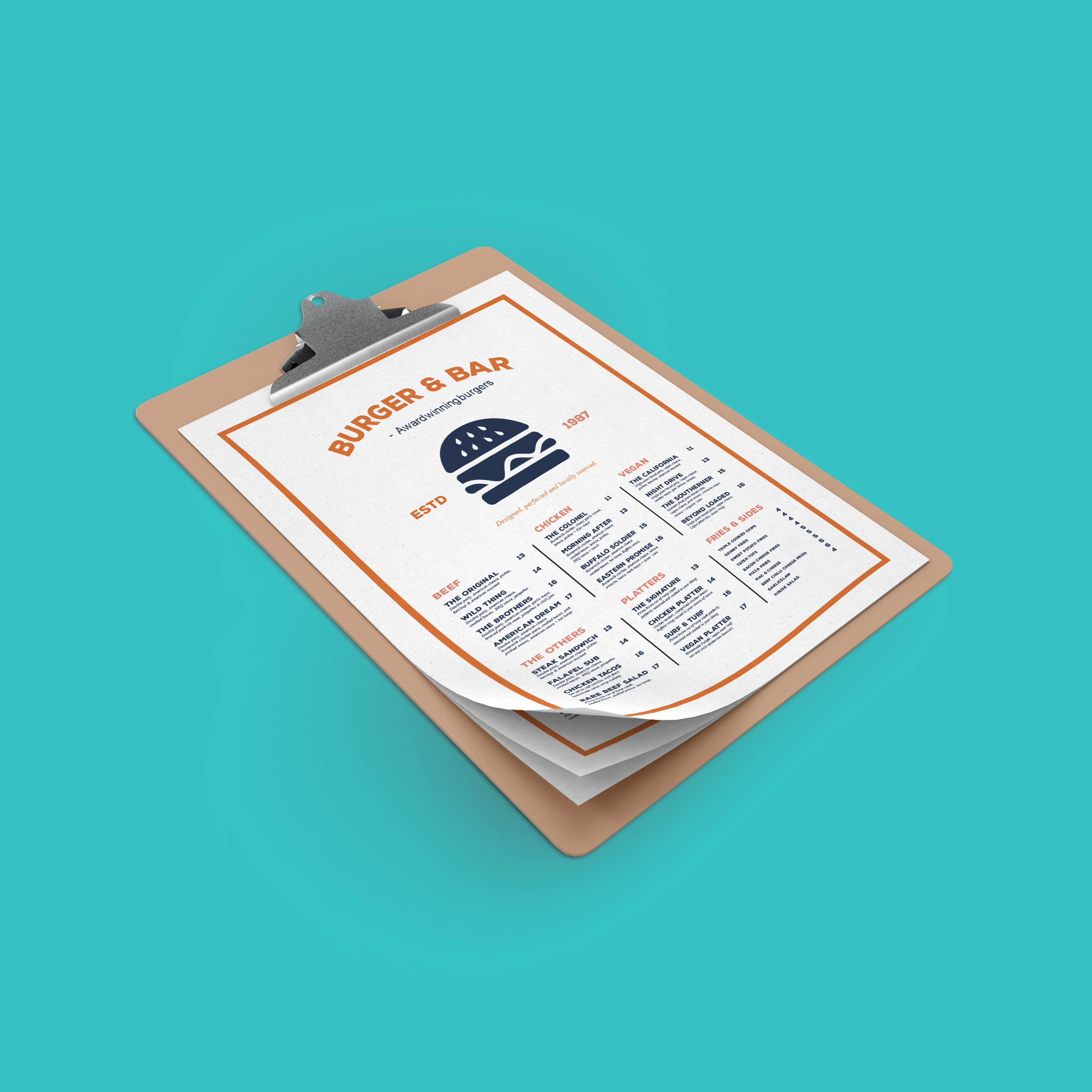 A wooden clipboard displaying a stack of Menus titled "BURGER & BAR" with a burger icon, set against a solid turquoise background.