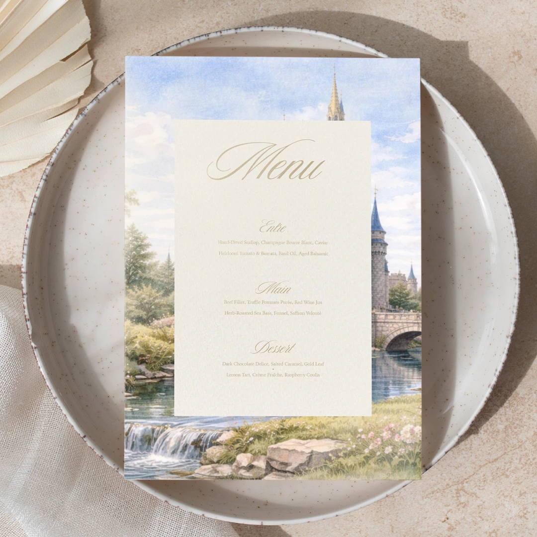 Printed Menu card resting on a plate, featuring a background illustration of a castle by a river and listing sections for Entrée, Main, and Dessert in elegant script text.