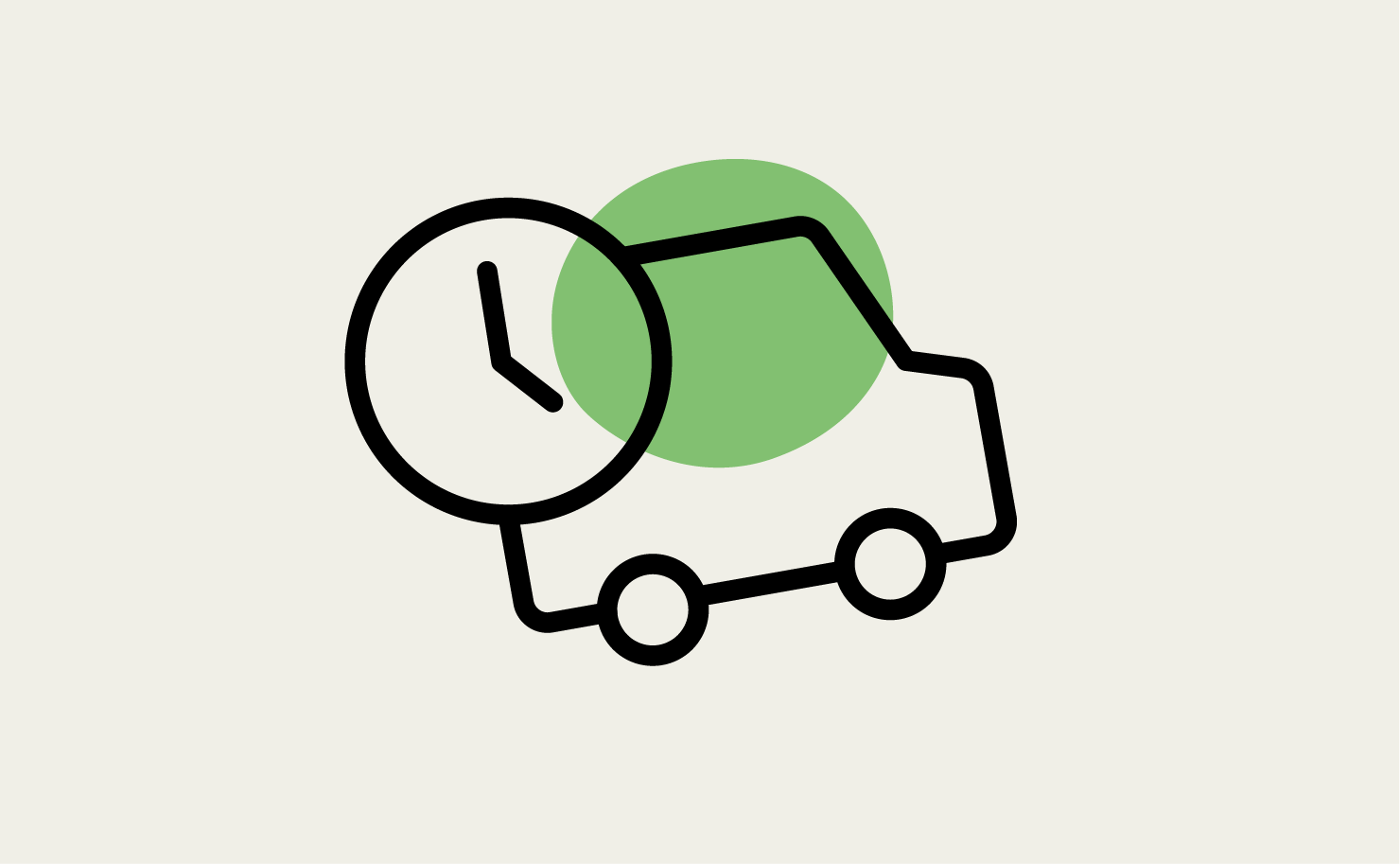 A simple black line icon of a delivery van overlapping a clock face against an off-white background, with a soft green circular accent in the centre.