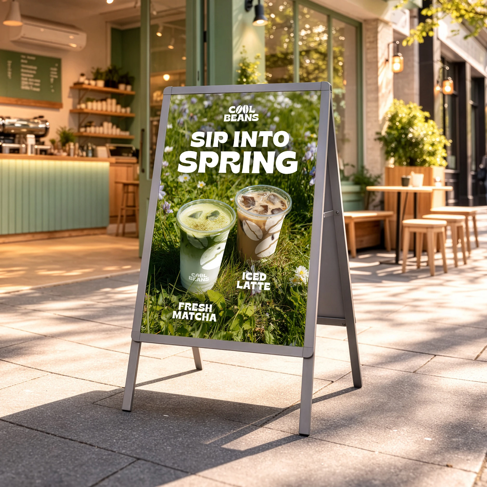 Outdoor Menu Board sign outside a cafe displaying a "Sip into Spring" poster with iced matcha and iced latte drinks.