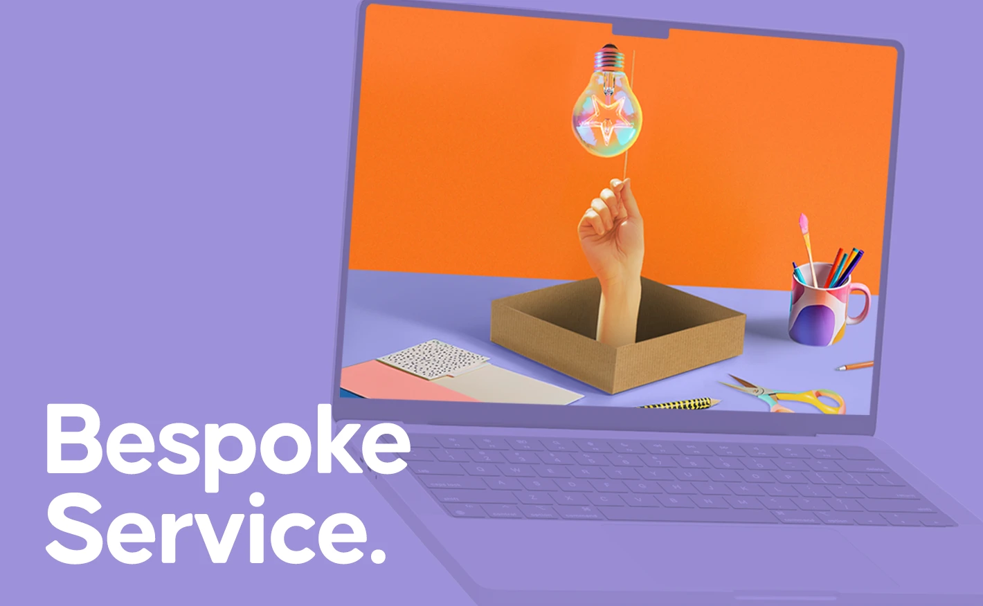 Purple graphic featuring a laptop display with a hand rising from a cardboard box holding an illuminated lightbulb, next to the text 'Bespoke Service.'