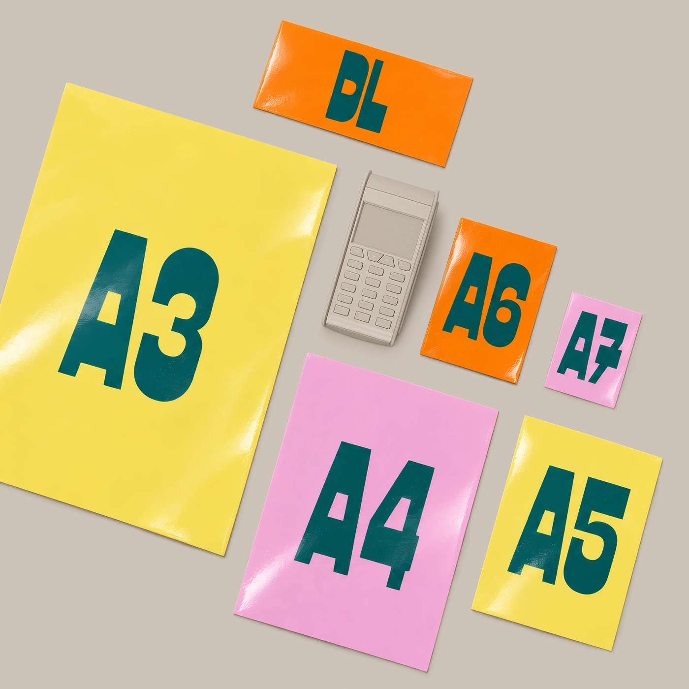 A-Size Stickers in various standard sizes, including A3, A4, A5, A6, A7, and DL to show the scale.