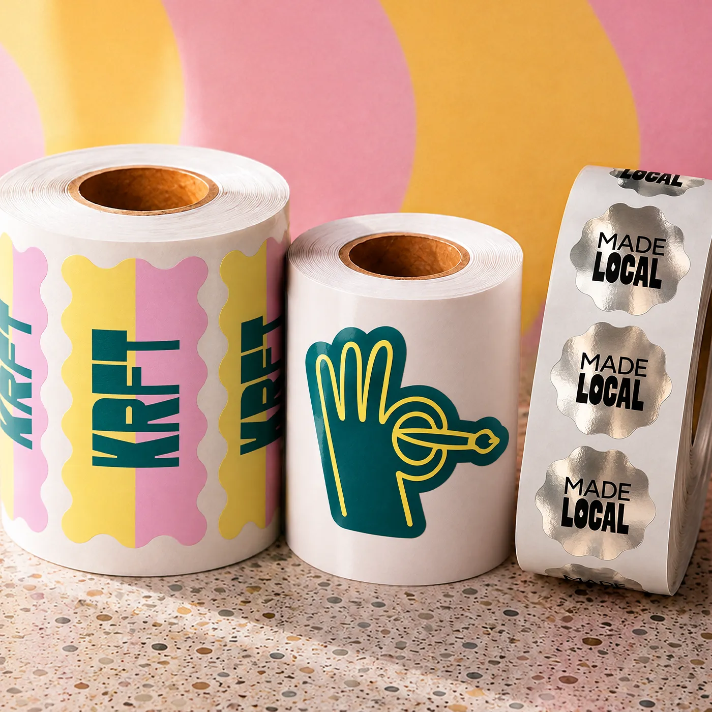Three rolls of Custom Shape Stickers on a Roll featuring colourful designs, including"KRAFT" and “MADE LOCAL” brand text, displayed against a bright pink and orange background.