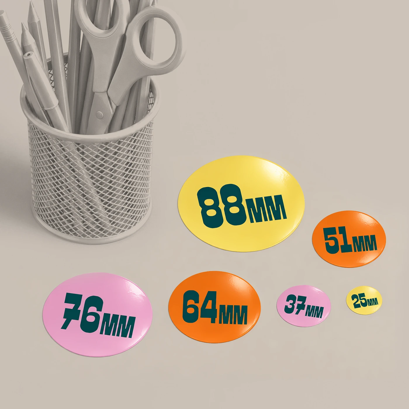 Colourful Round Stickers labelled with sizes from 25mm to 80mm.