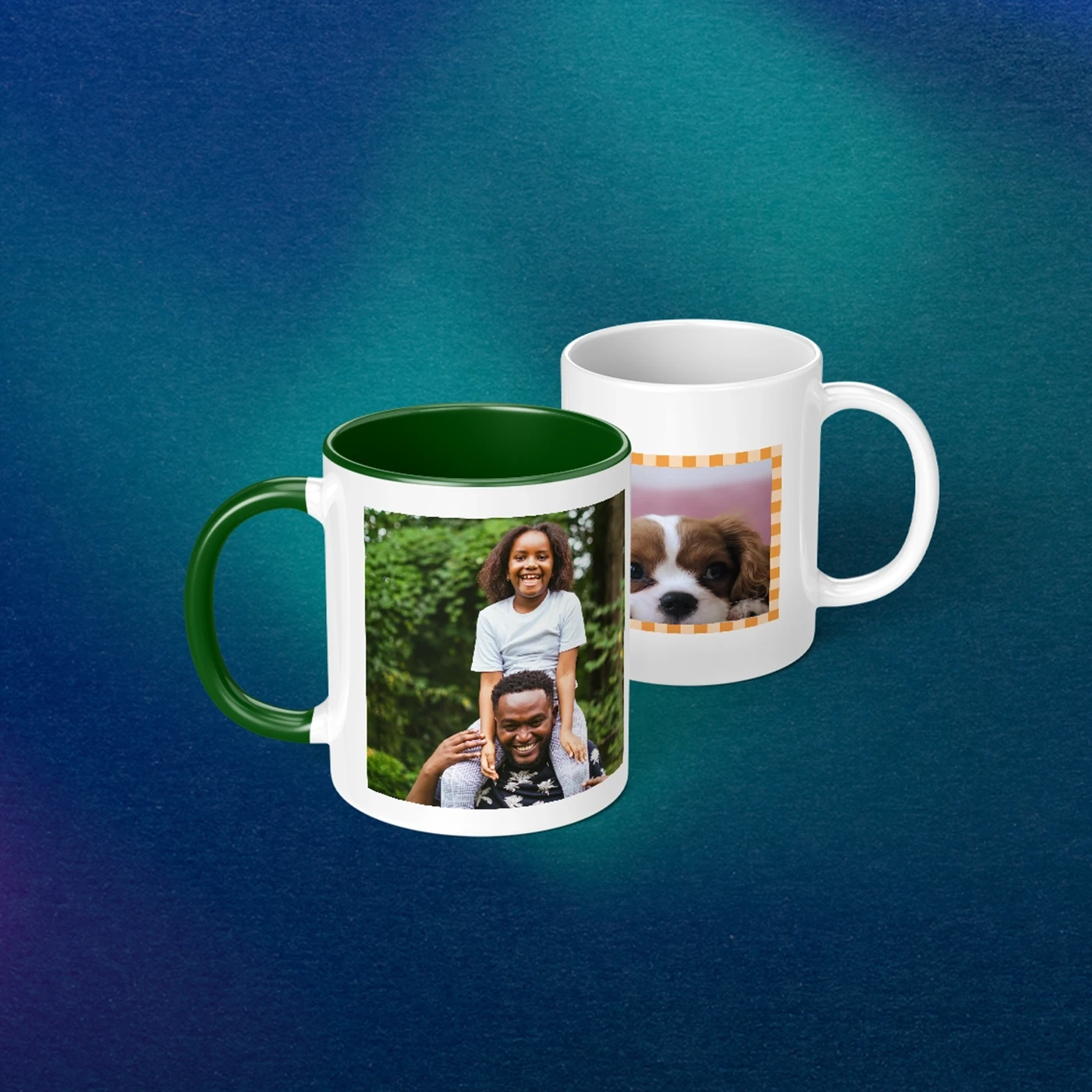 Two Christmas Ceramic Mugs sit on a teal gradient background: one with a green interior/handle featuring a photo of a girl on her father's shoulders, and a white mug featuring a dog photo.