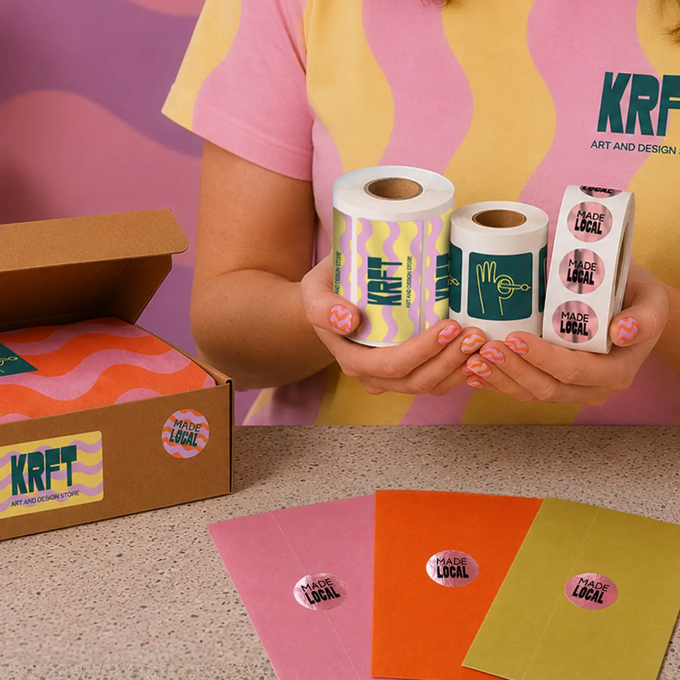 Square, rectangle and round Stickers -a person holding three Sticker Rolls above a table with a branded cardboard box, tissue paper, and colourful envelopes.