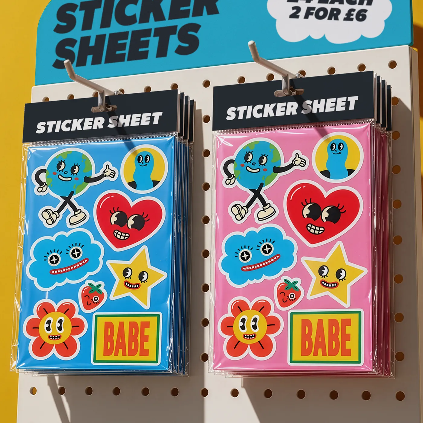 Custom Sticker Sheets ready for retail with colourful and creative different Sticker shapes and designs across a sheet.