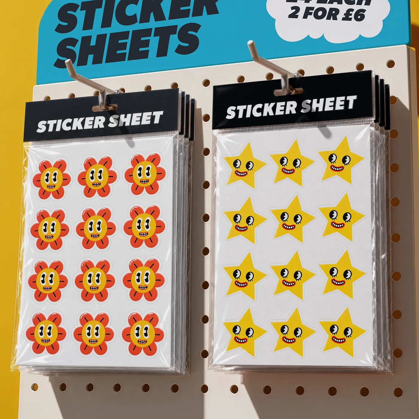 Custom Shape Sticker Sheets for retail, with flower and star designs.