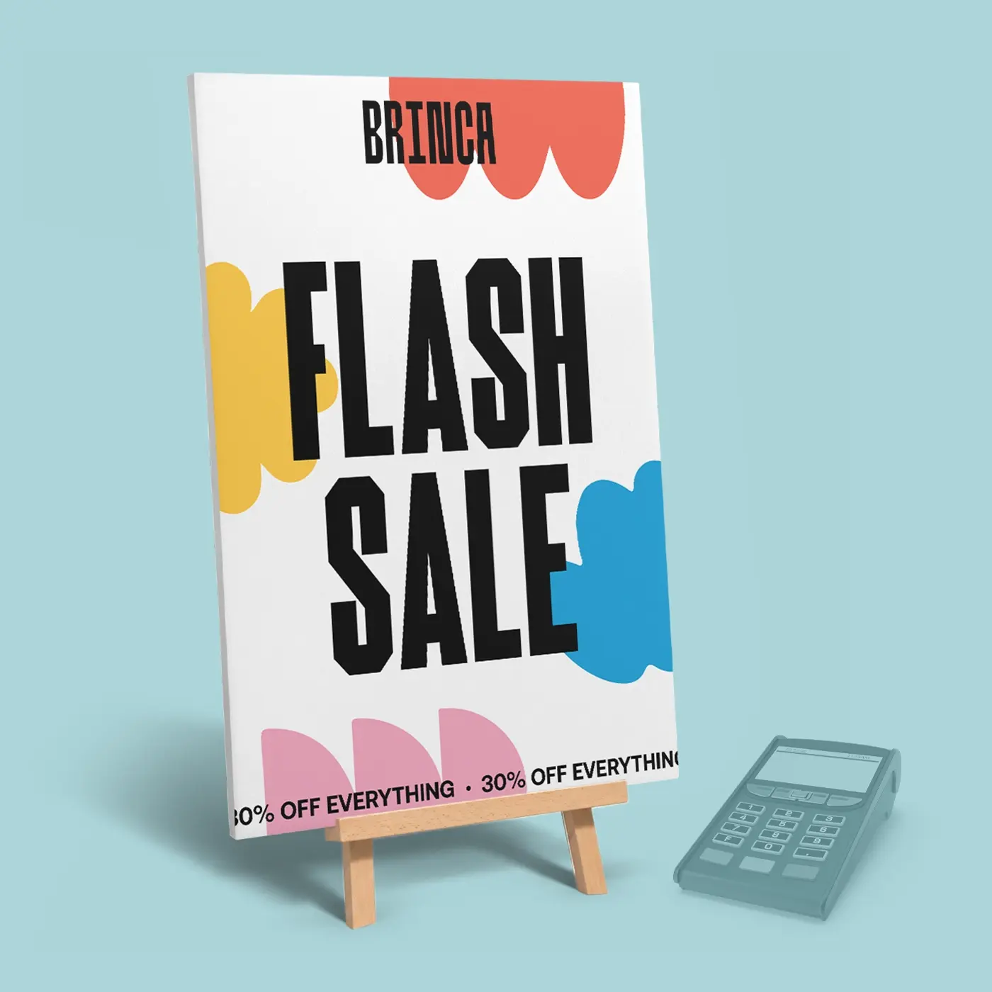 Colourful flash sale Display Board on an easel, promoting next day printing with bold black text and vibrant graphic accents.