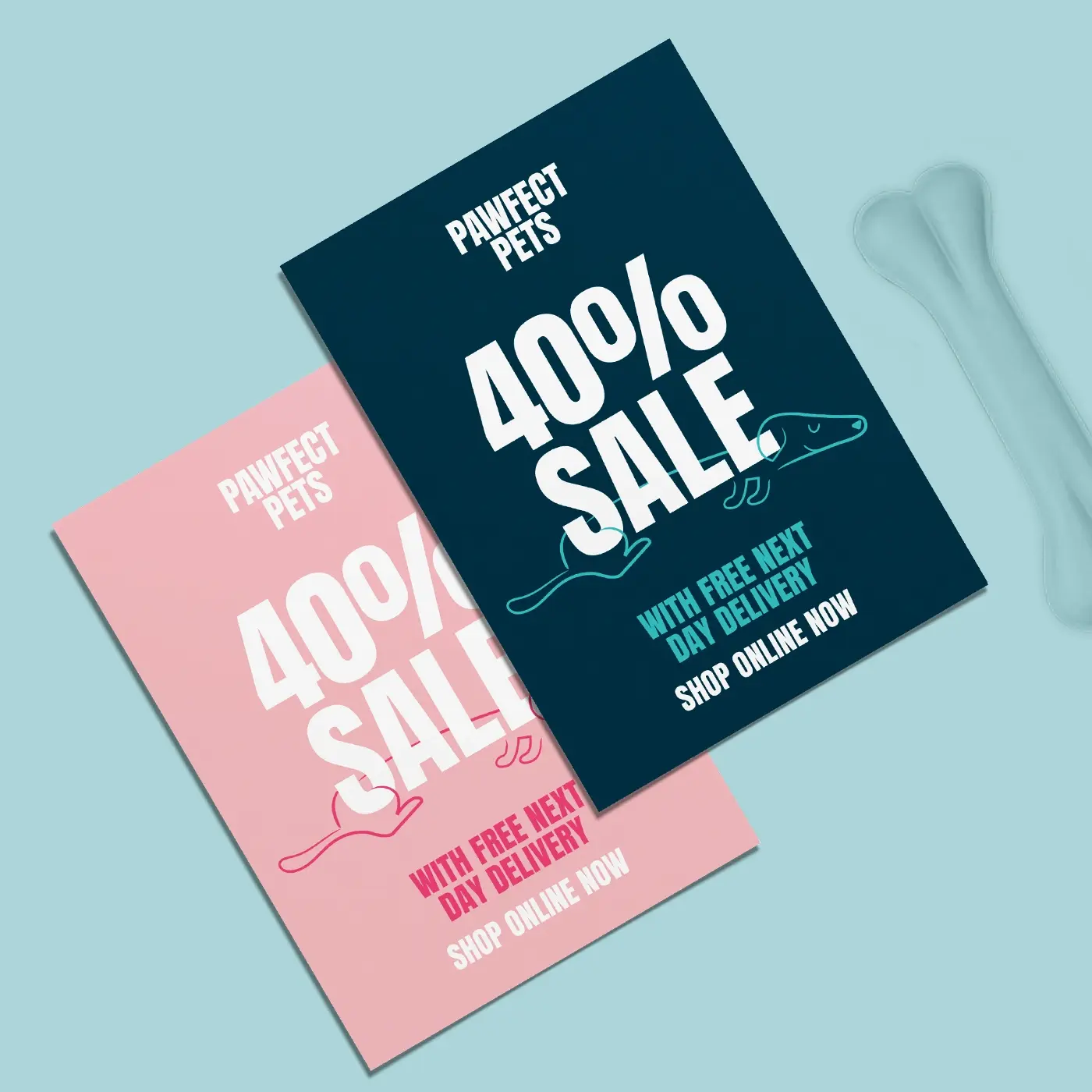 Two promotional Leaflet and Flyers in pink and navy blue featuring bold “40% Sale” messaging, designed to grab attention for retail events and special offers.