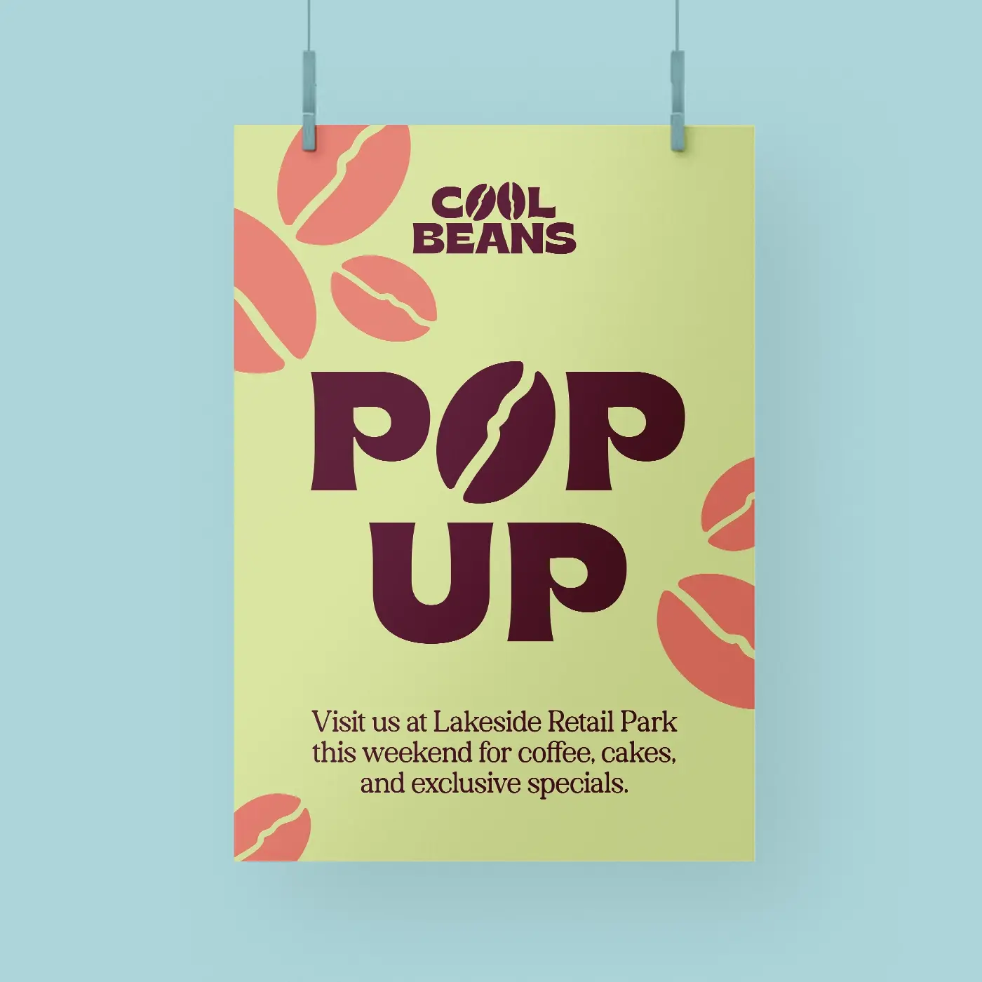 Promotional Poster for Cool Beans featuring bold typography, coffee bean illustrations and retail park event information.